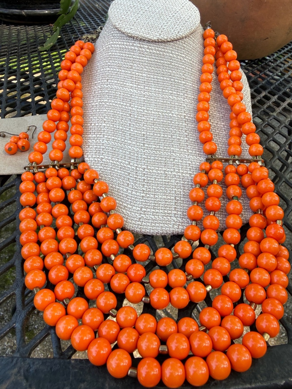 Bold Orange Multi-Strand Beaded Necklace &!Earrings  - Women Jewelry